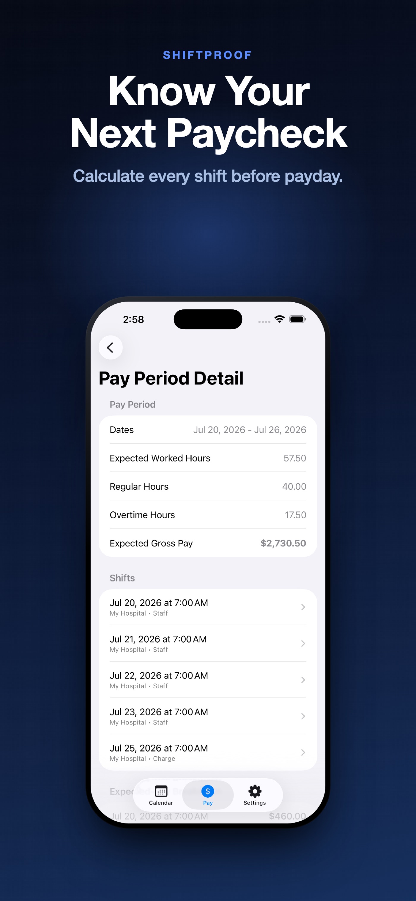 Pay Period Detail screen showing 57.50 expected worked hours split into 40.00 regular and 17.50 overtime, for an expected gross pay of $2,730.50, above the list of shifts in that period.