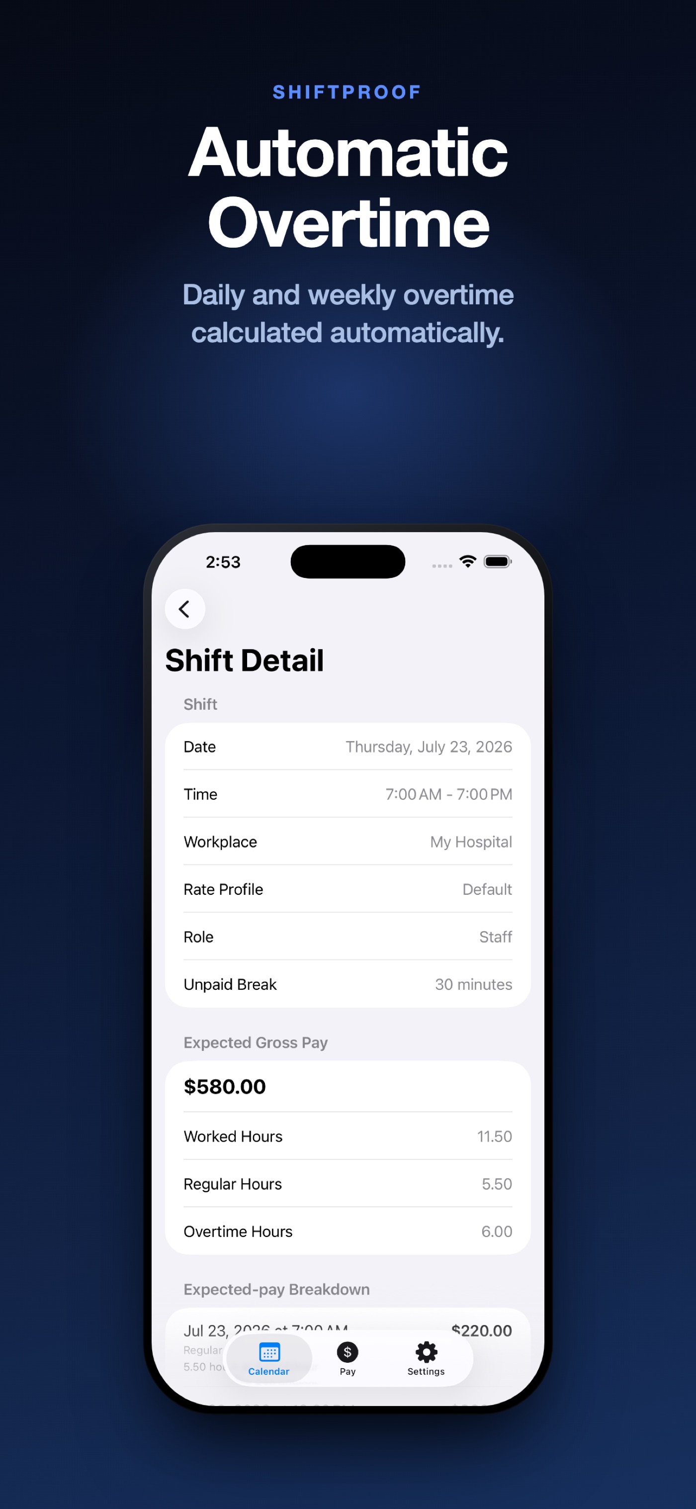 Shift Detail screen for a 7:00 AM to 7:00 PM shift, breaking 11.50 worked hours into 5.50 regular and 6.00 overtime hours for $580.00 expected gross pay.