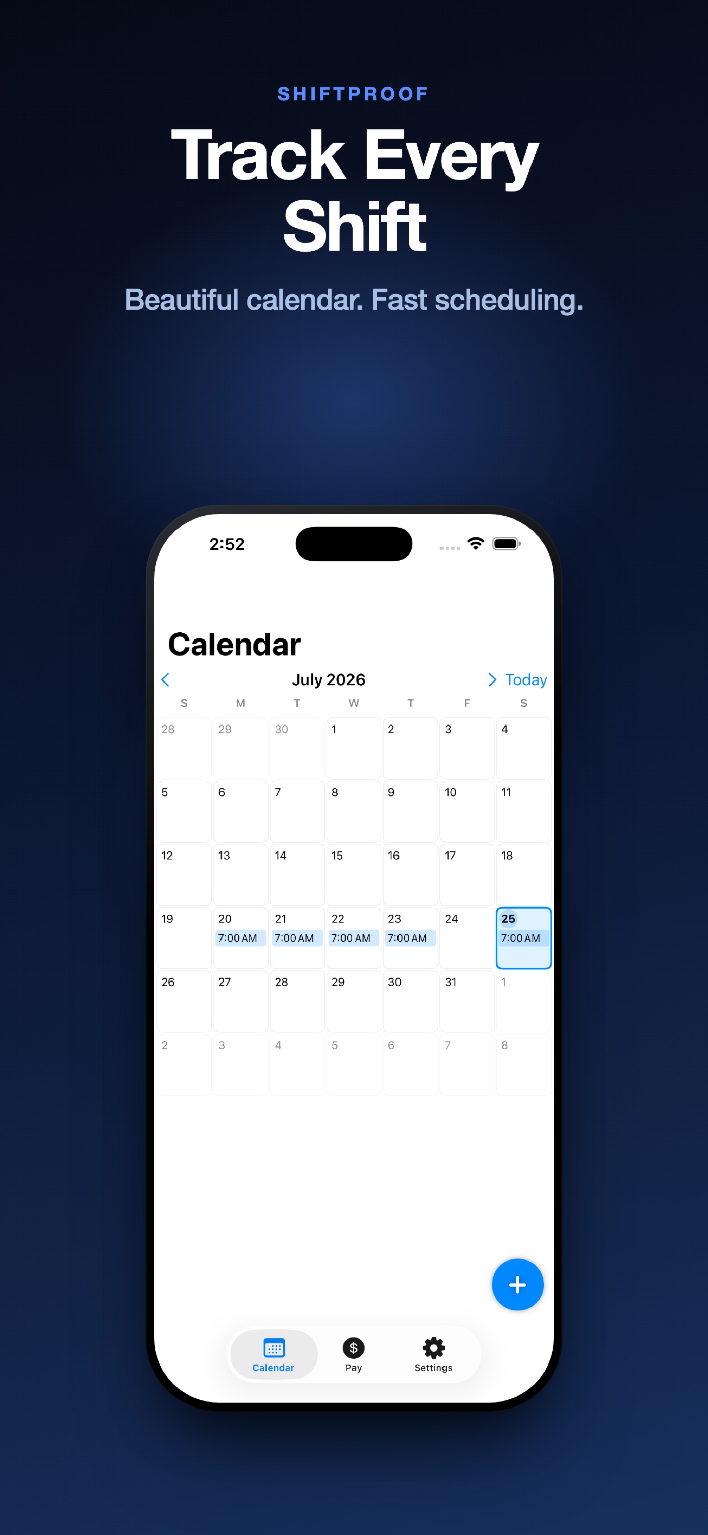 Month calendar for July 2026 with 7:00 AM shift chips placed across the working week of the 20th through the 25th.