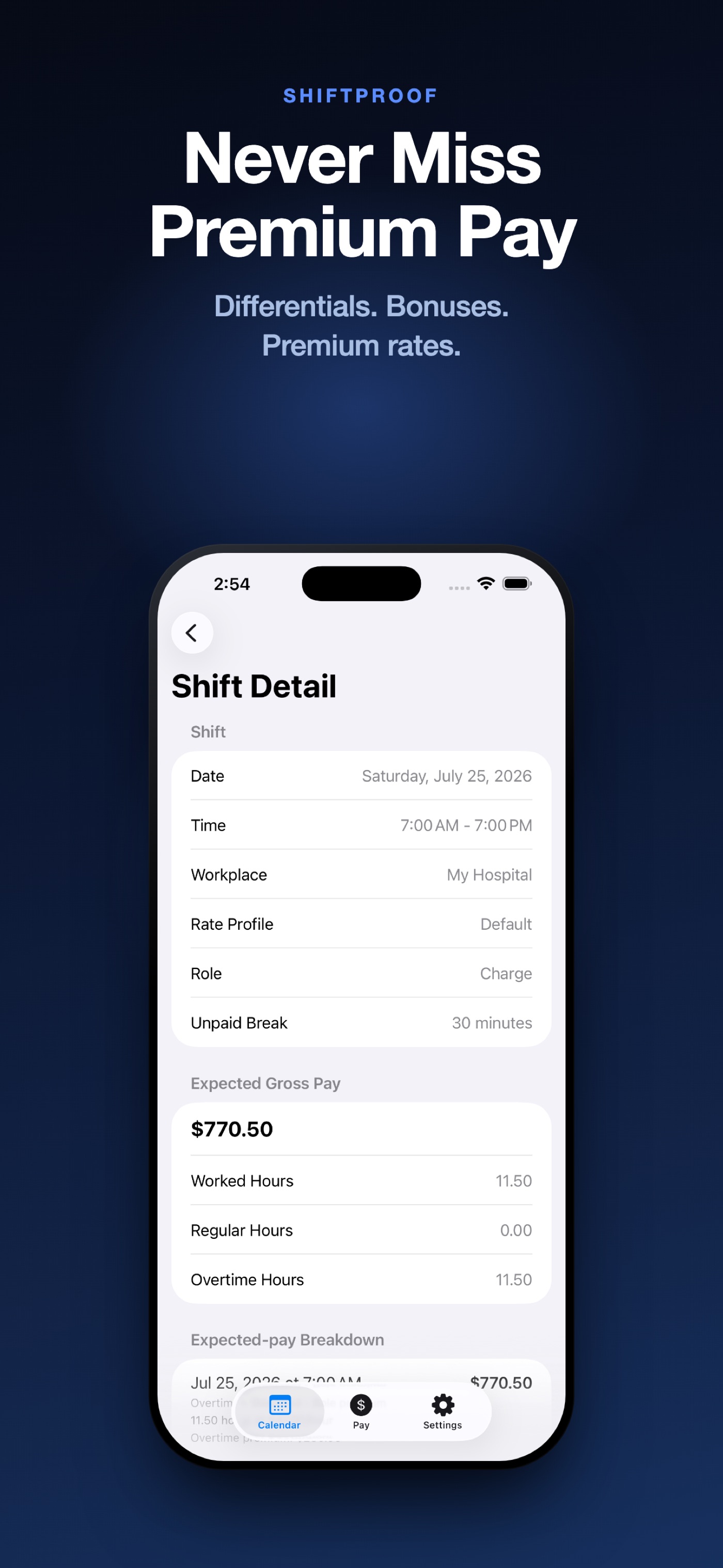 Shift Detail for a Saturday shift worked in the Charge role, showing $770.50 expected gross pay with all 11.50 hours counted as overtime.