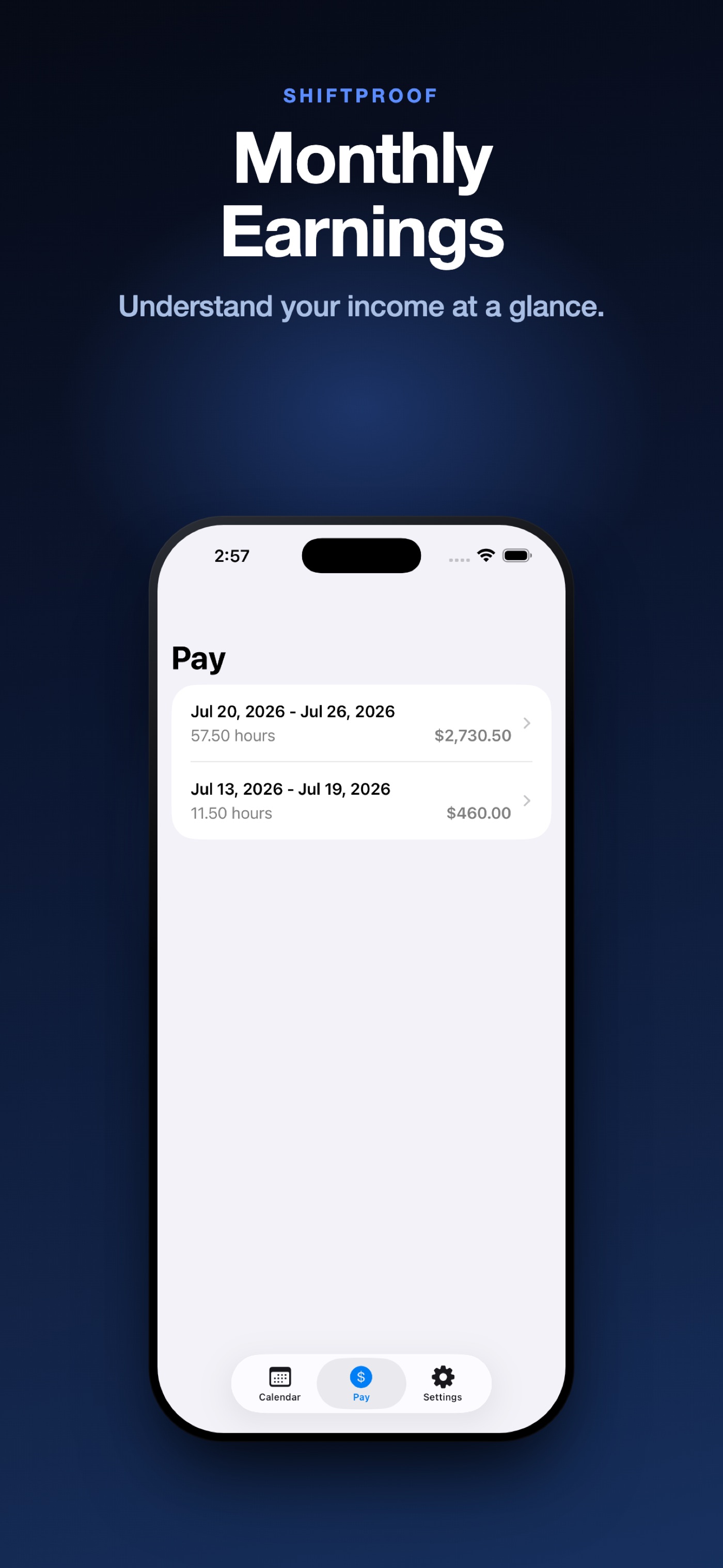 Pay tab listing two pay periods: 57.50 hours totalling $2,730.50, and 11.50 hours totalling $460.00.